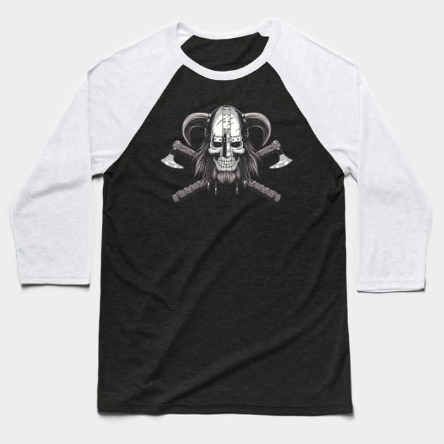 Viking Skull in Helmet and Crossed Axes Graphic Baseball T-Shirt by extrinsiceye